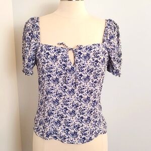 H&M Womens Floral Peasant Style Tie Front Puff Sleeve Blouse/Size M